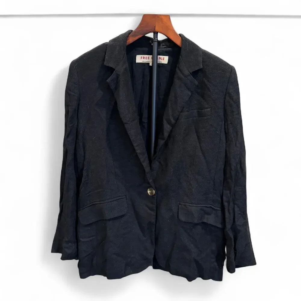 FREE PEOPLE Black Linen Oversized Luxury Boyfriend Tailored Blazer Jacket XS/S/M